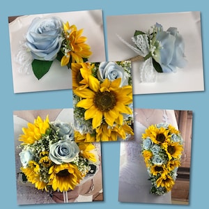 Artificial Soft Blue, and Sunflower Bridal Bouquets, Blue Sunflower Bridal Flowers, Blue Sunflower Wedding Flowers