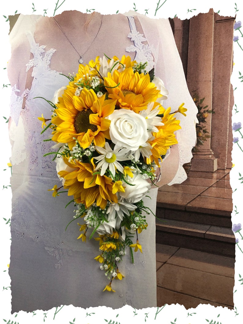 Artificial Sunflower Brides Bouquet Bridal Bouquets Sunflower Bridal Flowers Daisy Sunflower Bridesmaid Bouquet Cascading Bride