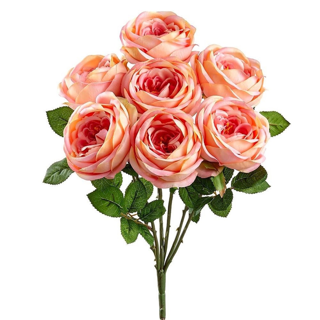 Englsih Roses Fake Coral Rose Bush English Garden Rose Peach Coral Fake Flowers Peach Fake ...