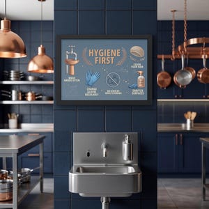 May include: A framed rectangular wall sign with a blue background and the text HYGIENE FIRST. It features illustrations of a sink, gloves, a no-jewelry symbol, a hair net, and a spray bottle with instructions to wash hands, change gloves, and sanitize.