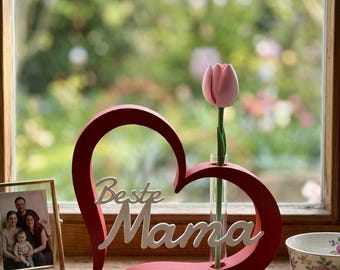 Beste Mama Herz – 3D-Druck Vase mit Reagenzglas & Tulpe | Perfektes Geschenk zum Muttertag, Geburtstag oder als Dankeschön