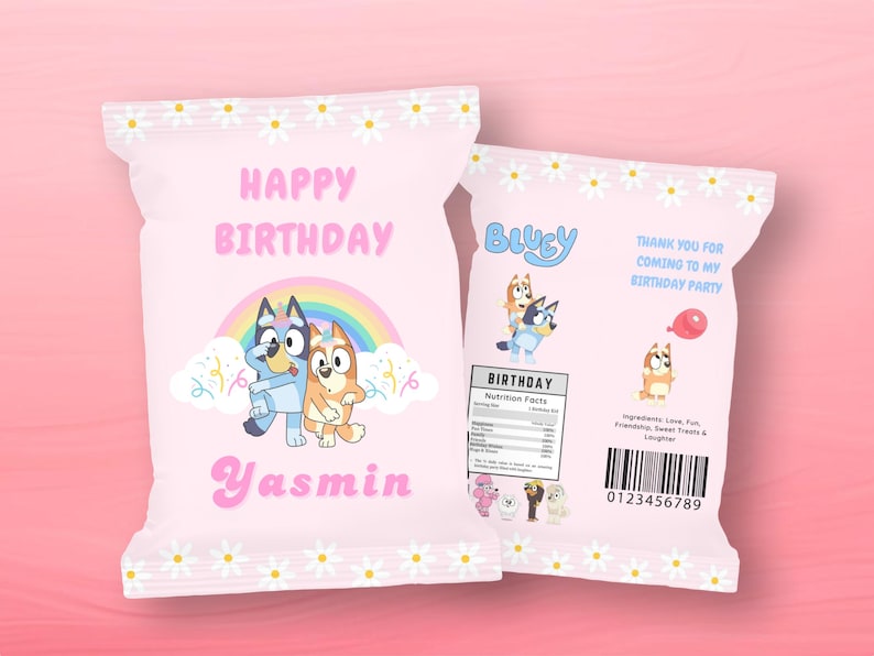 May include: Two pink party favor bags with daisy trim. One bag features a rainbow, cartoon characters, and the text "Happy Birthday Yasmin." The other bag has the text "Bluey" and "Thank you for coming to my birthday party."