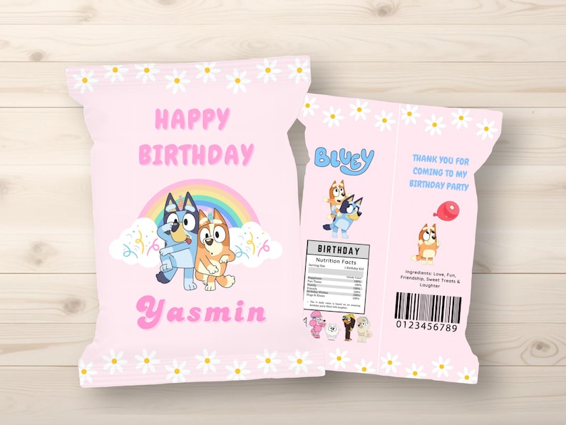 May include: Pink party favor bag with daisy trim, featuring the text "HAPPY BIRTHDAY Yasmin" above a rainbow and cartoon characters. The bag also has the text "BLUEY" and "THANK YOU FOR COMING TO MY BIRTHDAY PARTY".