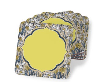 Tapete de mahjong, posavasos con marco floral / regalo para amantes del mahjong, estampado de narcisos, base de corcho.