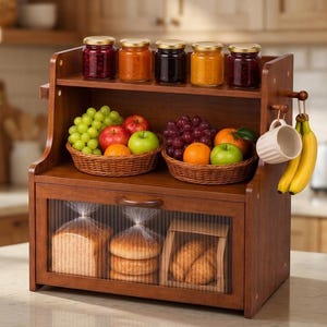 May include: A two-tier wooden bread box with a fluted glass drop-down door. The top shelf holds five glass jars and two woven baskets filled with assorted fresh fruit. A white ceramic mug and two yellow bananas hang from a side hook.
