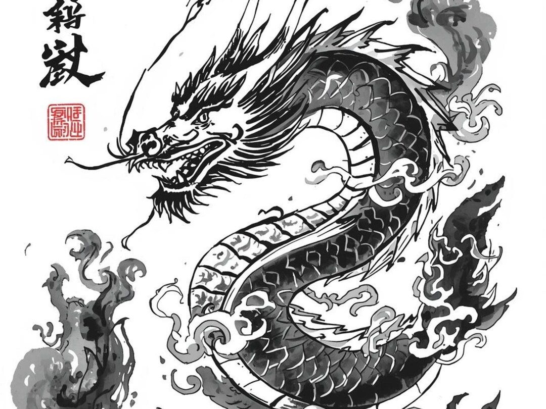 Ink Dragon Poster | Asian Brush Stroke Dragon Wall Art - Etsy