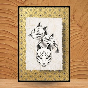 Japanese Kitsune Mask Wall Art,Spiritual Fox Spirit Poster,Luxury Gold Asanoha Pattern Decor,Zen Ink Style Folklore Print,Unframed