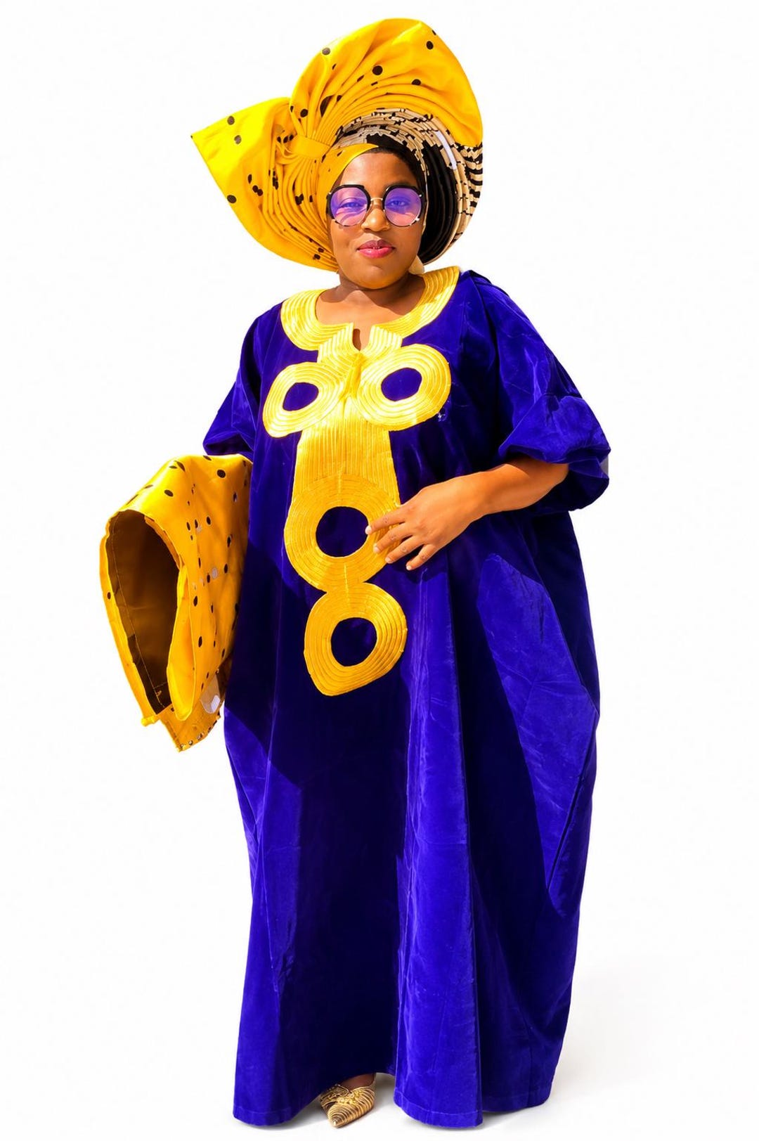 Purple Velvet With Yellow Embroidery,autogele and Ipele Free Gown - Etsy