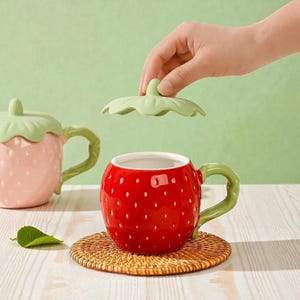 Peut inclure: Une tasse en céramique rouge en forme de fraise, avec des points blancs et une anse verte. Un couvercle vert en forme de feuille de fraise est tenu au-dessus de la tasse. La tasse repose sur un dessous de verre tressé. Une autre tasse rose en forme de fraise est en arrière-plan.