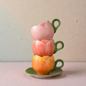 Tulpan Keramisk Mugg och Fat Set, Elegant Blommig Tekopp