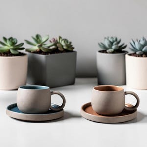 Könnte beinhalten: Zwei Keramik-Kaffeetassen mit passenden Untertassen, eine mit blauem Innenraum und die andere mit braunem Innenraum. Die Tassen und Untertassen sind neutralfarben. Im Hintergrund befinden sich mehrere kleine Sukkulenten in Töpfen.