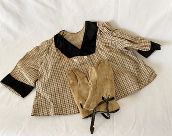 Antique Doll or Child's Coat w Kid Leather Mittens