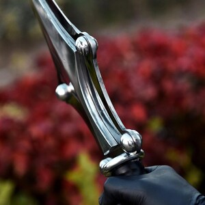 May include: Close-up of a silver metal dagger with a curved blade. The dagger features decorative spherical accents and a handle. The background is blurred with red and green foliage.