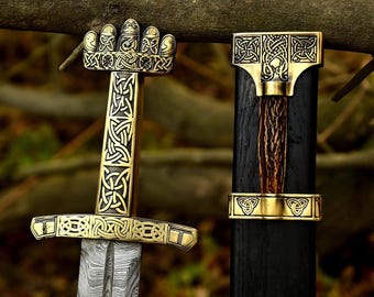 Damascus Steel Viking Sword Replica with Engraved Hilt, Custom Norse Knight Cosplay Gift, Handmade Display Stand for Collectors & Home Decor