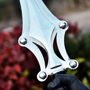 May include: Close-up of a polished silver sword blade with a decorative hilt. The blade has a symmetrical design with rounded accents and a curved edge. The hilt is held by a gloved hand, with a blurred background of red and green foliage.