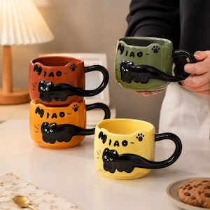 Cute Cat Ceramic Mug, Stackable Coffee Cup, Kawaii Tea Mug, Cartoon Cat Mug, Funny Gift, Aesthetic Kitchen Mug, 380ml