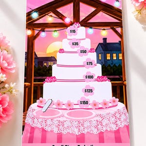 May include: A pink and white savings challenge board shaped like a tiered cake, with amounts from $15 to $150. The text "Sweet Savings Celebration Challenge" and "Small Steps Budgeting" are displayed. The background shows a gazebo with string lights.