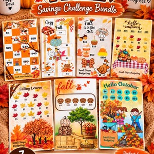 May include: A collection of seven printed savings challenge trackers featuring autumn-themed illustrations like pumpkins, leaves, and turkeys. Each card displays various dollar amounts for budgeting goals, with text including Jump Into Fall, Small Steps Budgeting, and Hello October.