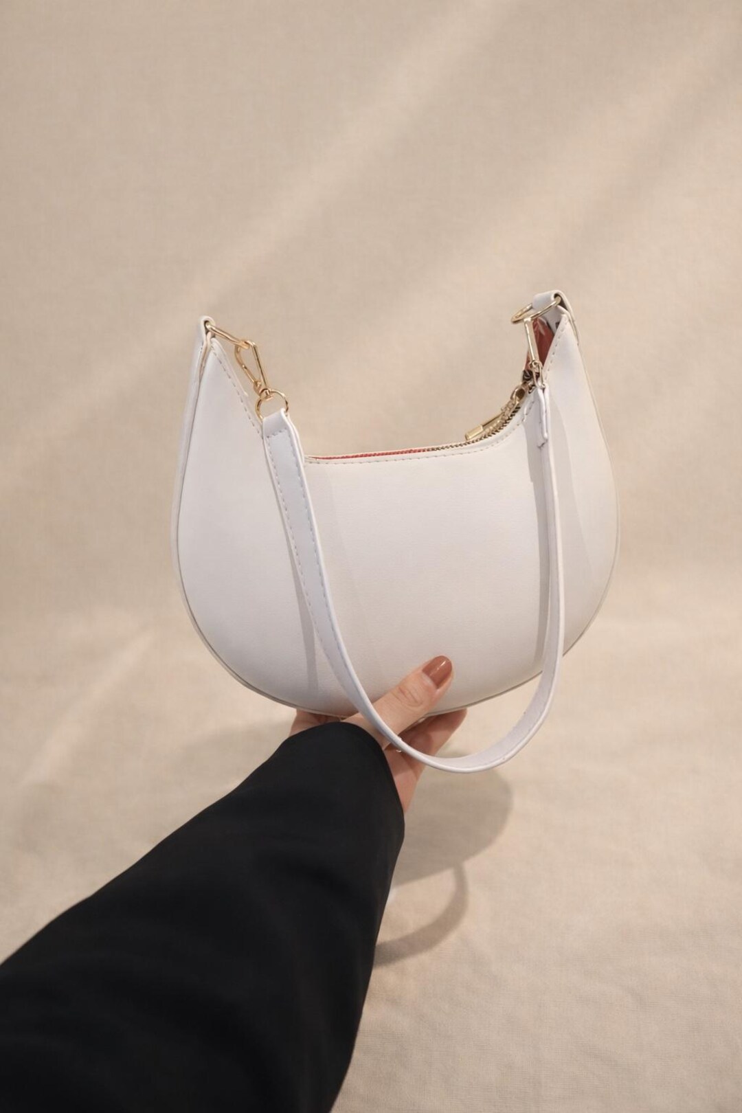 Vegan Leather Crescent Shoulder Bag – Half Moon Handbag With Gold ...