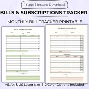 Afdrukbare rekeningen en abonnementen tracker, maandelijkse rekeningtracker (A5, A4, US Letter)