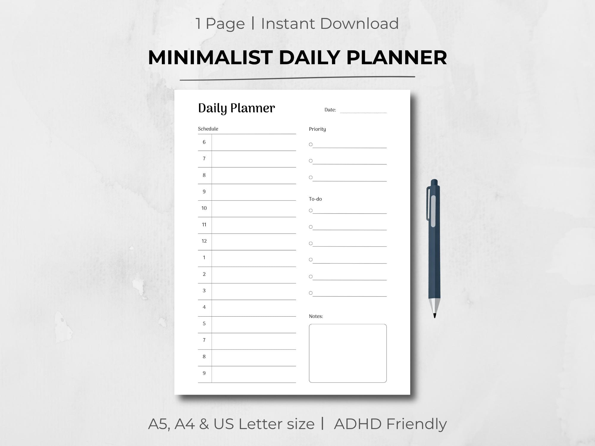 Minimalist Daily Planner Printable PDF, ADHD Friendly Schedule Template ...