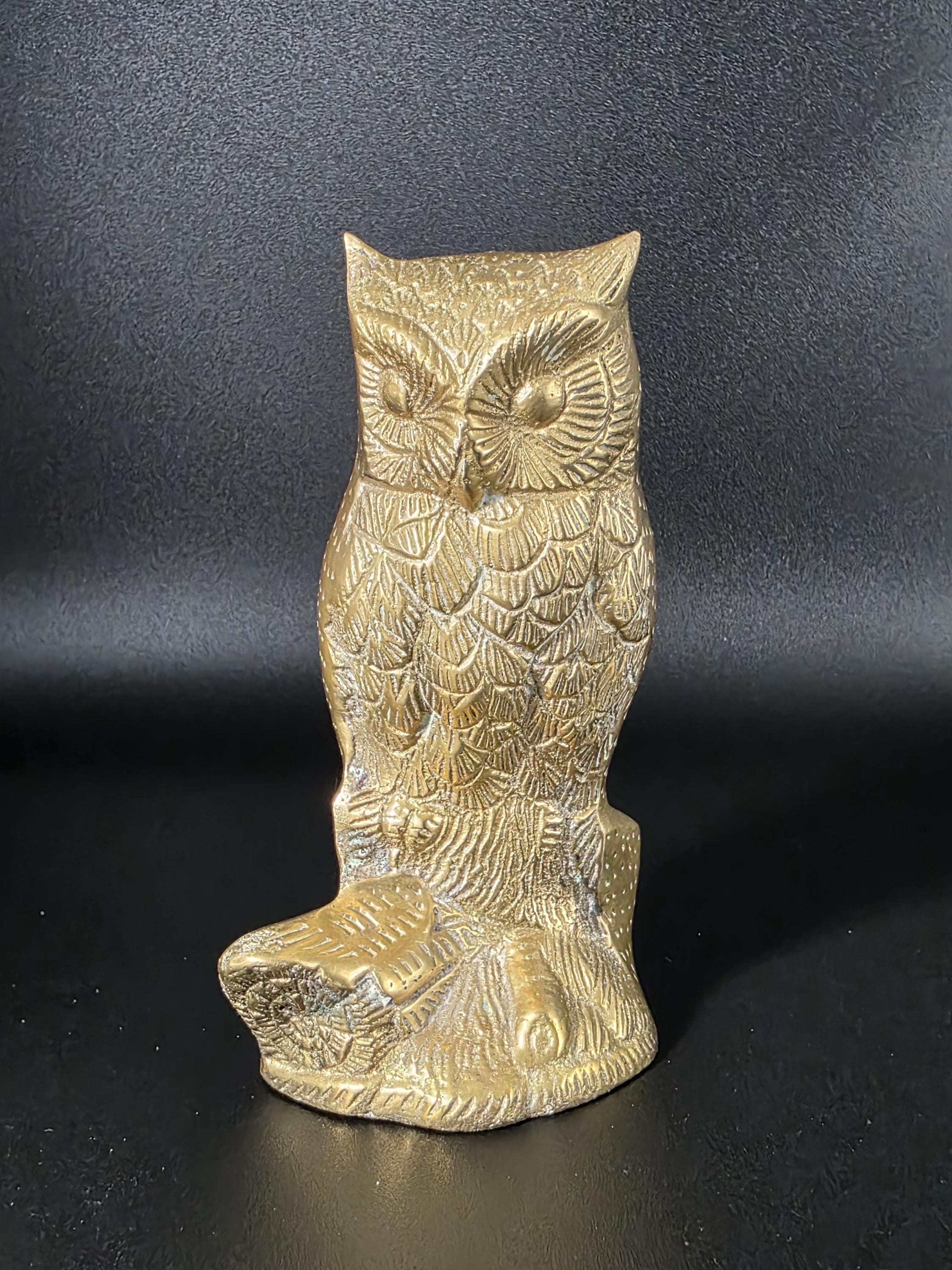 Vintage Brass Owl Figurine- Mid Century Brass Owl Statue on Log/Branch- Retro Boho Bird Decor- Wise