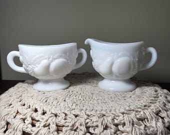 Vintage Westmoreland Della Robbia Milk Glass Creamer and Sugar Bowl Set | Raised Harvest Fruit Design | 1930s Mid-Century Farmhouse Decor