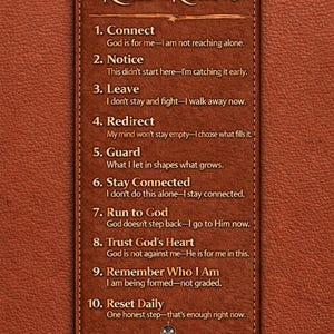 May include: A brown leather-textured card with the words "ON THE WAY BACK" and "Reset & Return" in elegant script. The card lists ten steps for spiritual reflection, including "Connect," "Notice," and "Leave."