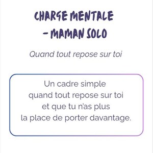 Peut inclure: Une liste de contrôle blanche avec du texte violet qui dit "CHARGE MENTALE - MAMAN SOLO" et "Quand tout repose sur toi." En dessous se trouve une boîte avec du texte qui dit "Un cadre simple quand tout repose sur toi et que tu n'as plus la place de porter davantage."