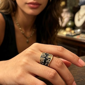 Vintage Black Enamel Ring, Adjustable Gold Statement Band, Dark Academia Jewelry Gift for Her