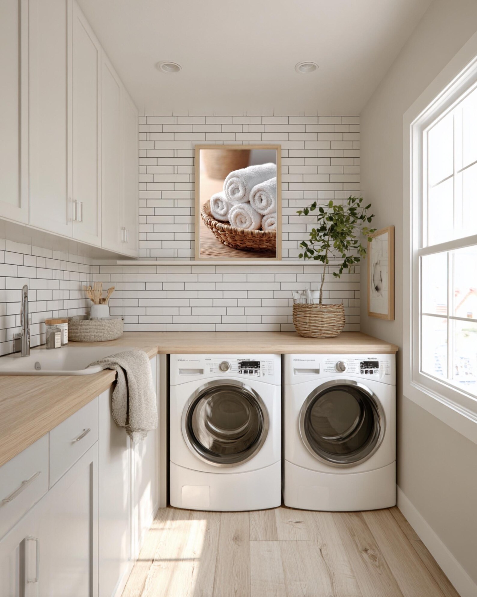 Frame Mockup Bright Farmhouse Laundry Room, White Subway Tile, Wood ...
