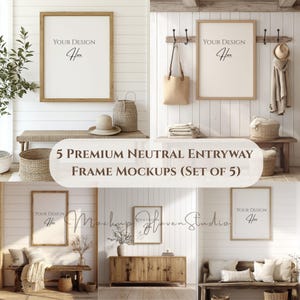 Frame Mockup Bundle of 5 Neutral Farmhouse Interiors, Vertical Wood Frames, Cozy Home Scenes