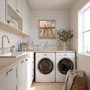 Maqueta de marco: Lavadero luminoso de estilo rústico, azulejos blancos tipo metro, encimera de madera, interior minimalista escandinavo, maqueta de marco vertical