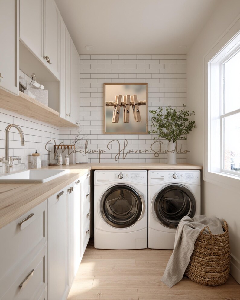 Frame Mockup Bright Farmhouse Laundry Room, White Subway Tile, Wood ...