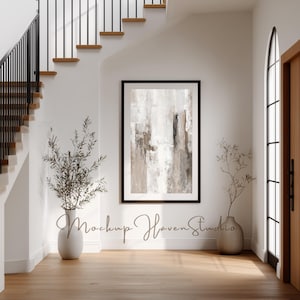 Frame Mockup Modern Entryway Staircase, Minimal Neutral Foyer Wall Art Mockup, Vertical Black Frame, Organic Modern Home, Instant Download