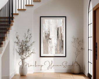Frame mockup moderne hal trap, minimale neutrale foyer muur kunst mockup, verticaal zwart frame, organisch modern huis, Instant Download
