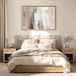 Neutral Farmhouse Bedroom Mockup, Horizontal Frame Above Bed (Digital Download)