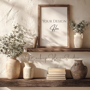 Peut inclure: Une impression encadrée avec le texte "YOUR DESIGN Here" est posée sur une étagère en bois, flanquée de vases avec de la verdure et des livres. La scène se déroule sur un mur texturé blanc cassé, créant une esthétique chaleureuse. Image de présentation de design.