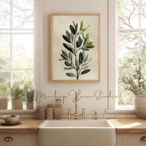 Maqueta de marco para fregadero de cocina estilo rústico, marco de pared con ventana y luz, decoración beige neutro, marco de roble claro, descarga instantánea