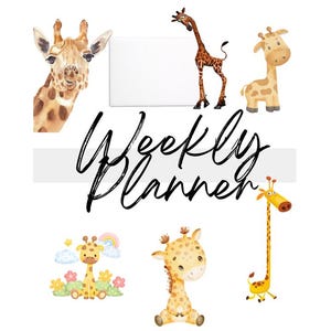 Può includere: Uno sfondo bianco presenta illustrazioni ad acquerello di giraffe in varie pose. Il testo "Weekly Planner" è scritto in un carattere nero. Le giraffe sono gialle e marroni con macchie.