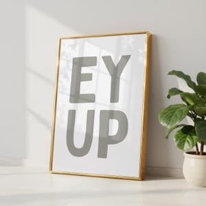 Può includere: Una stampa incorniciata con una cornice dorata. La stampa presenta le parole "EY UP" in grandi lettere grigie su sfondo bianco. Sullo sfondo è visibile una pianta in vaso.