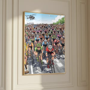 May include: A framed print showing a cycling race with numerous cyclists in brightly coloured jerseys and helmets. A helicopter flies overhead. The artwork has a cartoon style, with spectators lining the road. The print is in a gold frame.