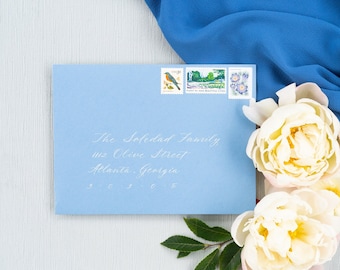 Dusty Blue Wedding Envelope Calligraphy | White Ink Delivery Address (Minimum 50)