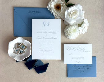 Dusty Blue Wedding Invitations Package | Custom Monogram | Letterpress Foil Stamp Digital/Flat Printing