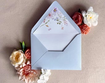 Delicate Pastel Wildflowers and Butterflies Artwork Wedding Envelope Liner | Whimsical Wedding | Digital/Flat Printing
