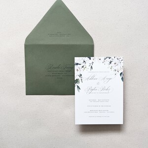 White Roses Garden Invitations Printed Envelope Addresses Sage Olive Green Outdoor Wedding Invitations image 1