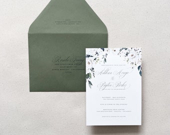Printed Envelope Addresses for Romantic White Roses Garden Wedding  | Sage Olive Green Guest Addresses