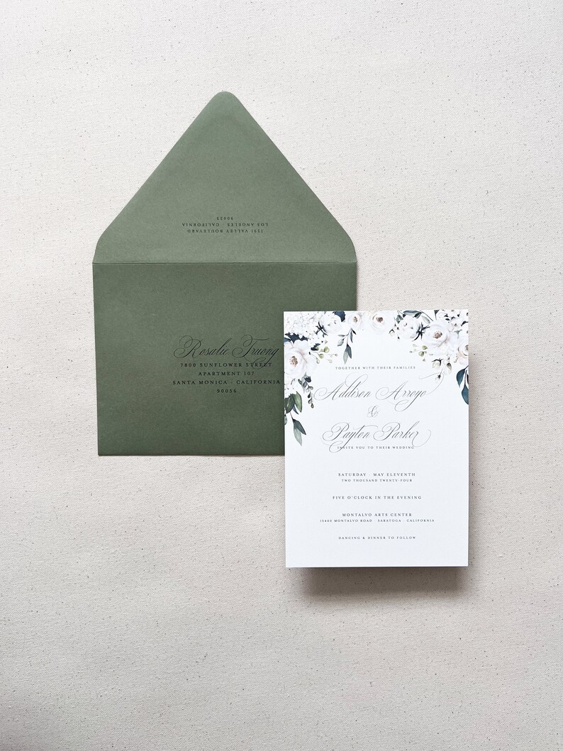 White Roses Garden Invitations Printed Envelope Addresses Sage Olive Green Outdoor Wedding Invitations image 1