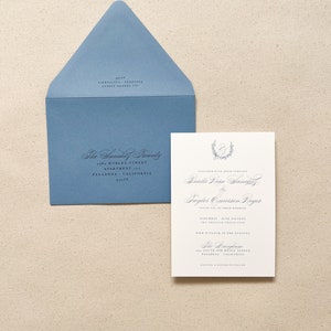 Romantic and Delicate Invitation Package with Personalized Laurel Monogram | Printed Envelope Addresses | Classic Blue Wedding Invitations