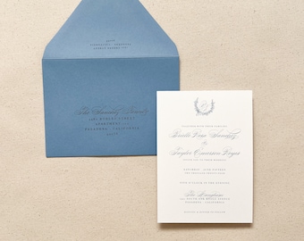 Romantic Soft Blue Wedding Invitation Suite with Monogram and Wreath | Blue Script Cursive Wedding Invites